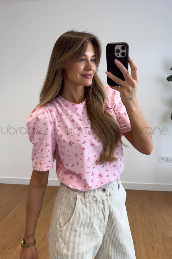 T-SHIRT BAWEŁNIANY FLOWERS - RÓŻ