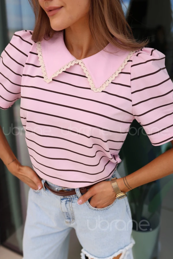 T-SHIRT 95% BAWEŁNA RÓŻ W CZEKOLADOWE PASKI - RITA 8